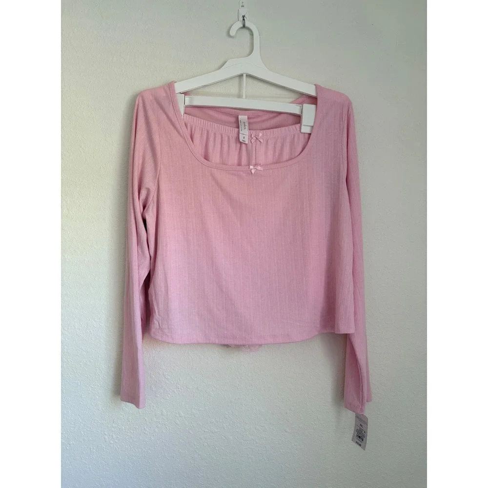 Auden Pink Ribbed Pajama Set Long Sleeve Top Lace Trim Shorts‎ XXL new